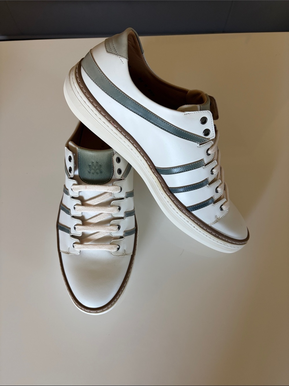Mezlan White Leather Sneakers with Green-Gray Stripes